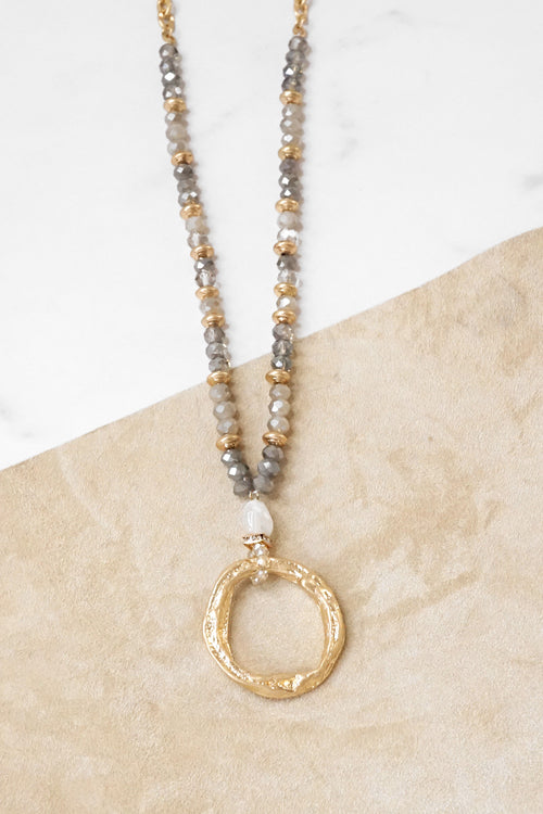 Long Beaded Necklace with Golden Open Circle Ring Pendant
