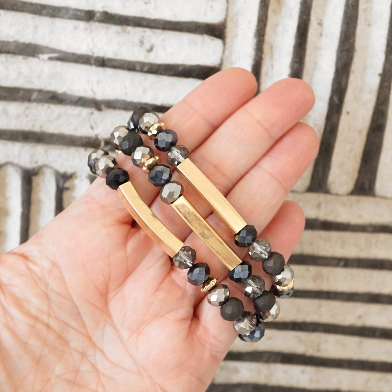 Beaded bracelets set in Black Glass Beads and Gold tubes