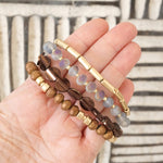 Boho Bracelet Set in Brown Grey and worn gold tone