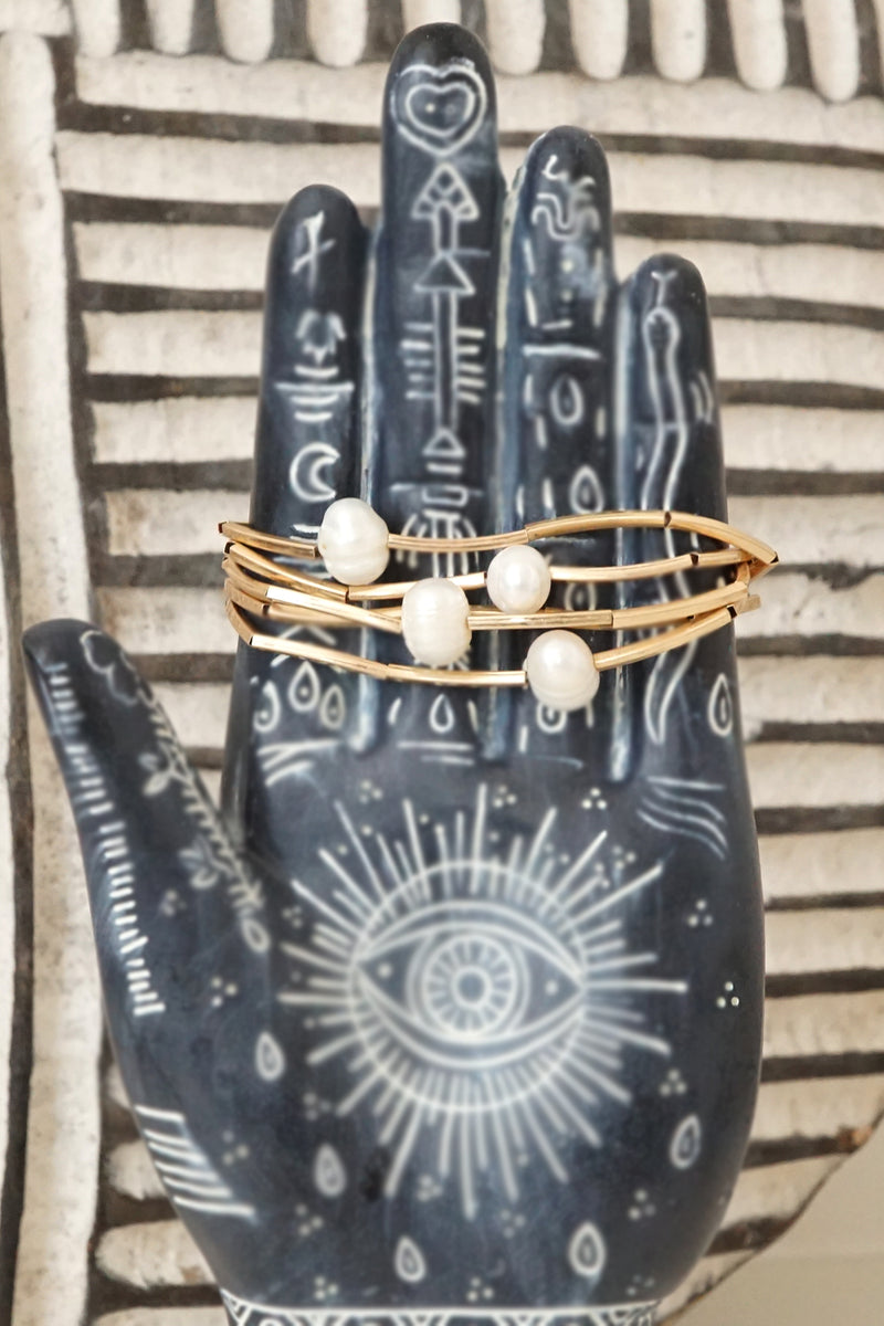 Golden tubes and freshwater pearls bracelets sets