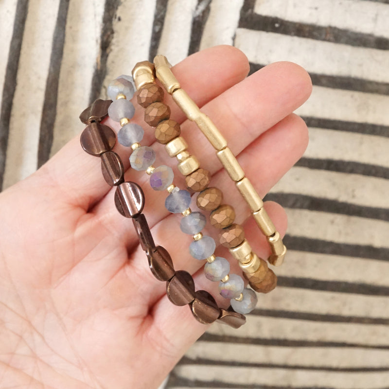 Boho Bracelet Set in Brown Grey and worn gold tone