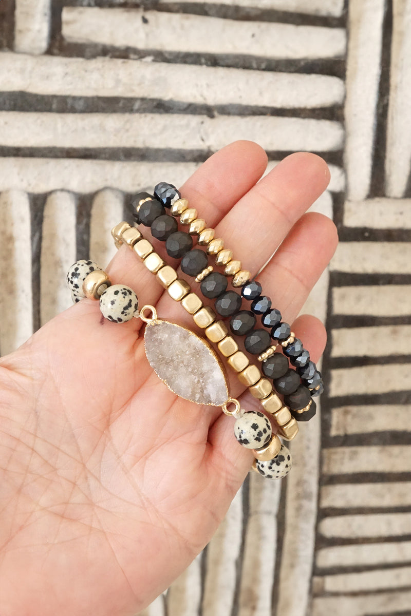 Boho Beads Bracelets set of 4 piece with Druzy Semi Precious stones in Black White and gold