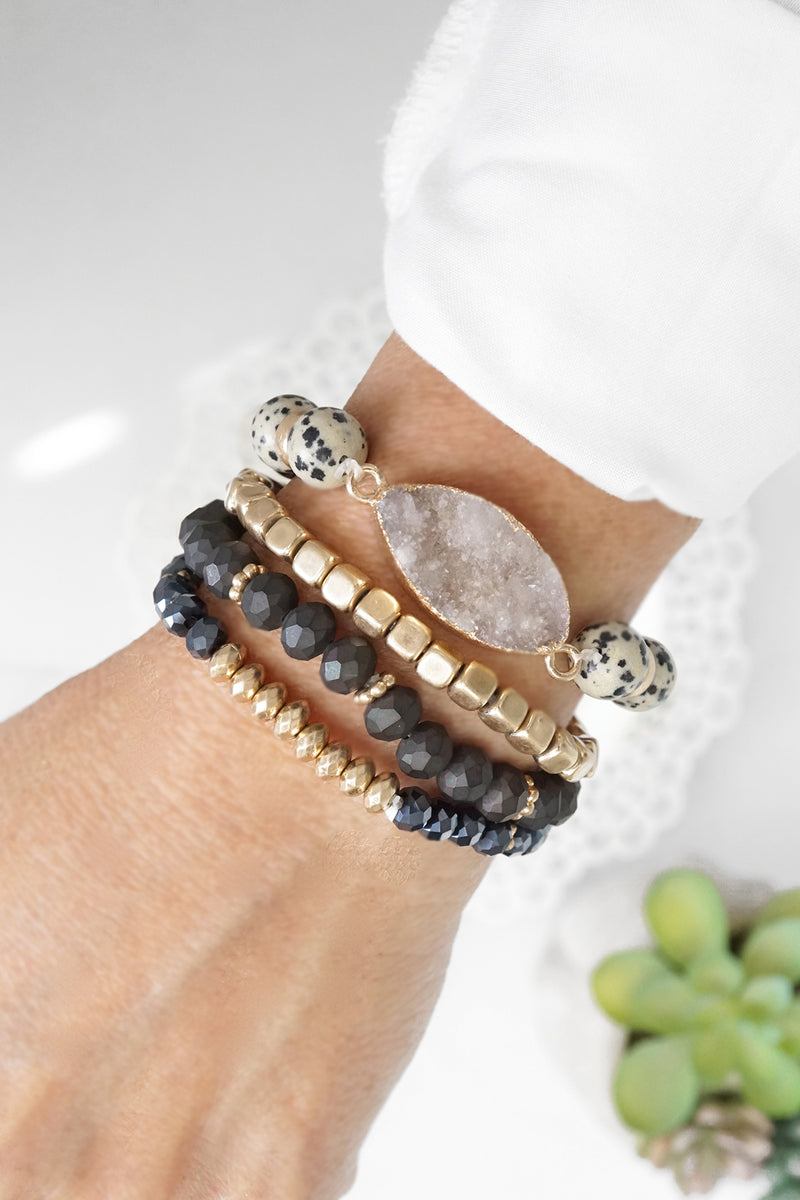 Boho Beads Bracelets set of 4 piece with Druzy Semi Precious stones in Black White and gold
