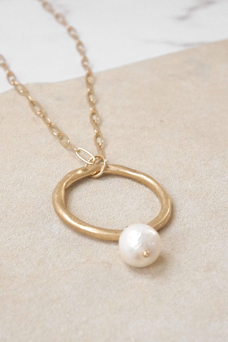Minimalist long boho gold necklace with ring and pearl