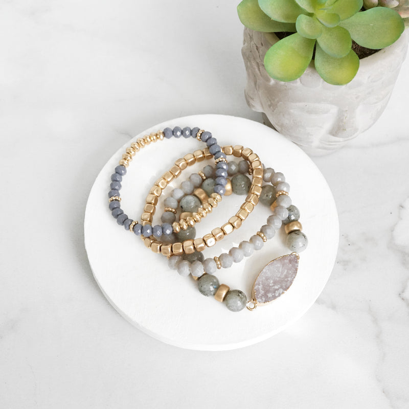 Boho Beads Bracelets set of 4 piece with Druzy Semi Precious stones in Gray and gold