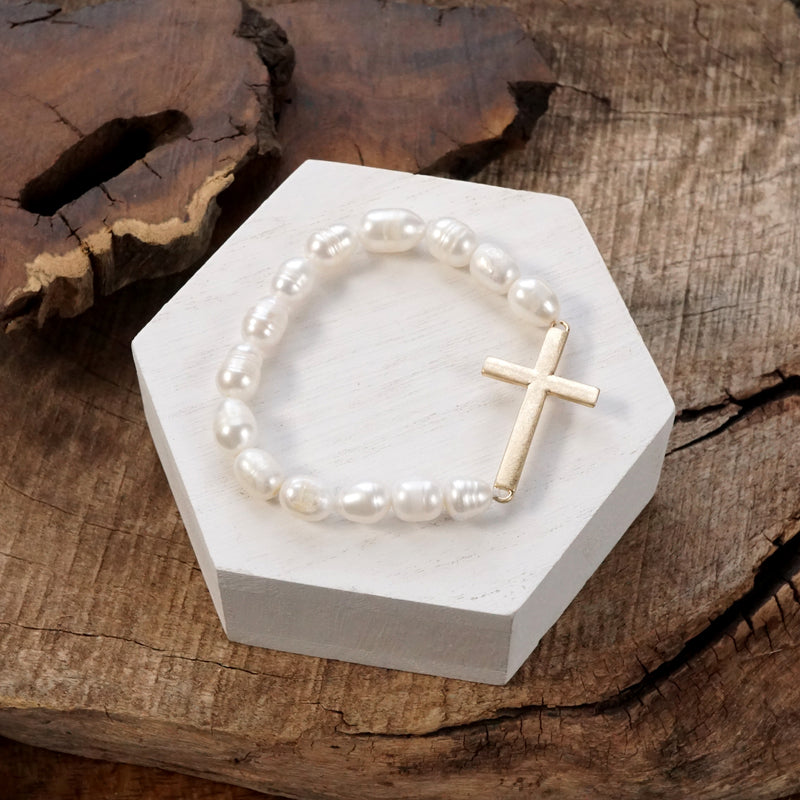 Sideways Cross bracelet Pearls worn gold tone minimal style