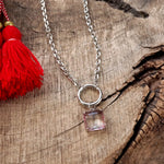 Clear Pinkish Square Crystal Pendant Chain Necklace in Silver Tone