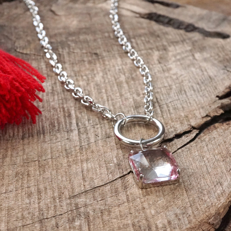 Clear Pinkish Square Crystal Pendant Chain Necklace in Silver Tone