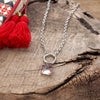 Clear Pinkish Square Crystal Pendant Chain Necklace in Silver Tone