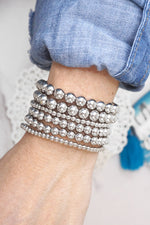 Multi size ball beaded bracelet stack silver tone bracelets