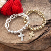 Chain and Beads Cross Bracelet in Worn Gold Silver Tone