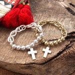 Chain and Beads Cross Bracelet in Worn Gold Silver Tone