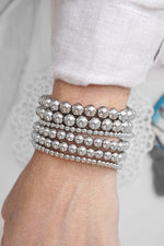 Multi size ball beaded bracelet stack silver tone bracelets