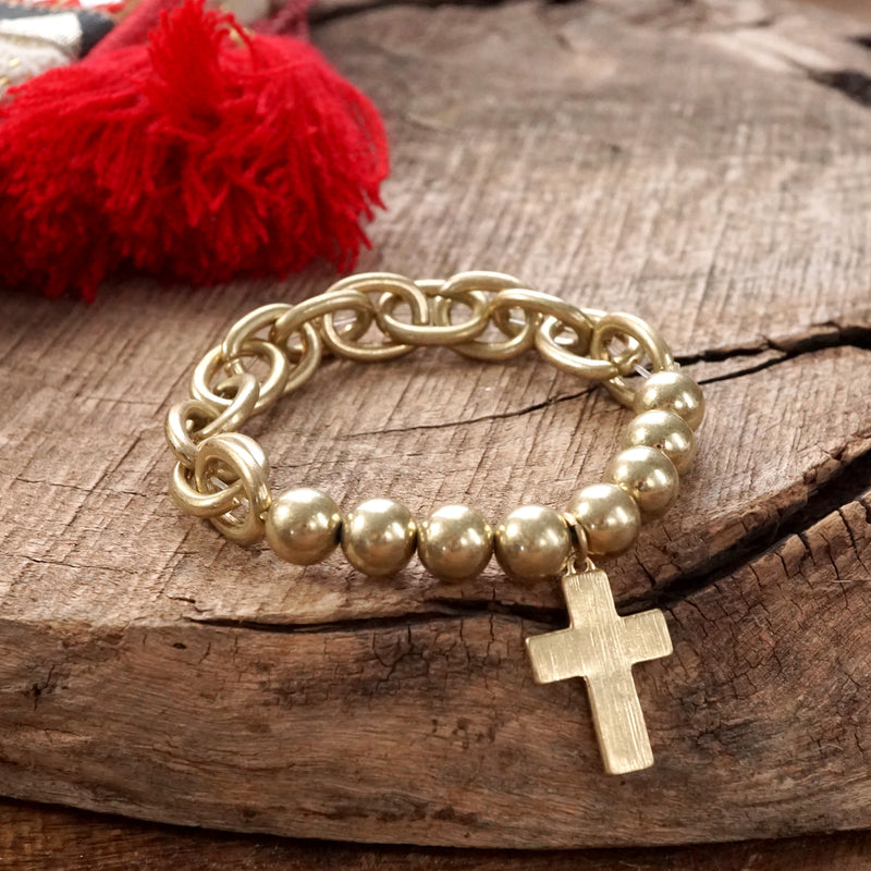 Chain and Beads Cross Bracelet in Worn Gold Silver Tone