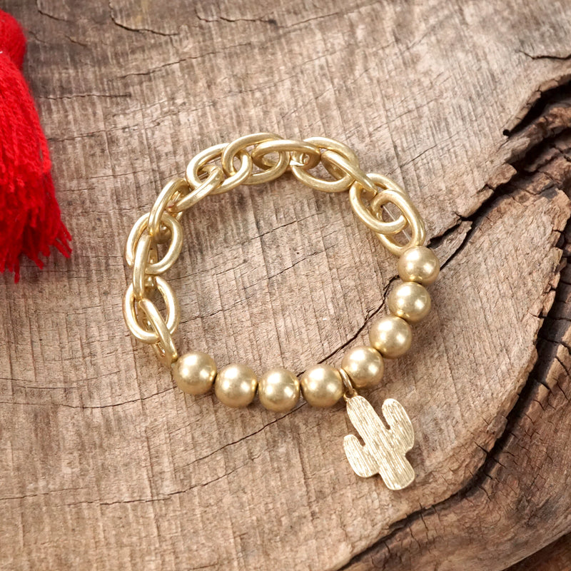 Chunky Chain and Beads Cactus Bracelet in Worn Gold Tone