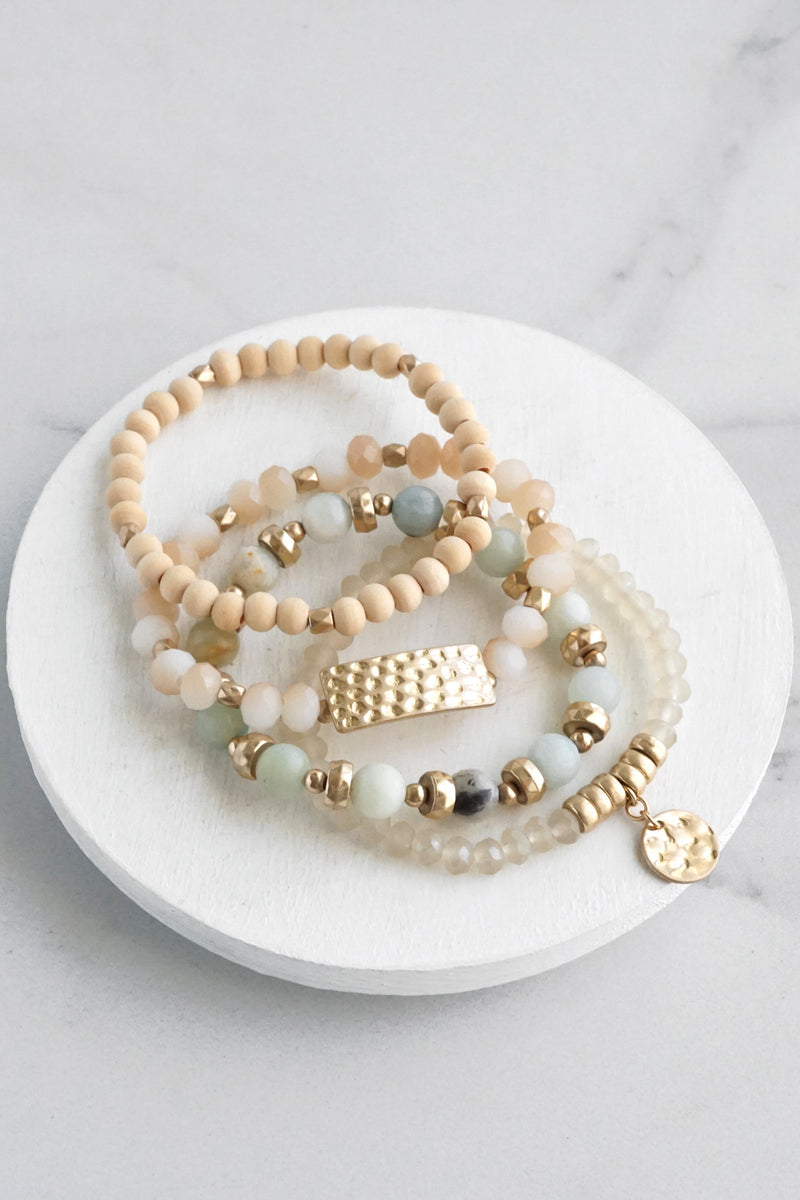 Beaded Bracelets stack of 4 piece with Natural Wood and Semi Precious Amazonite stones glass golden coin