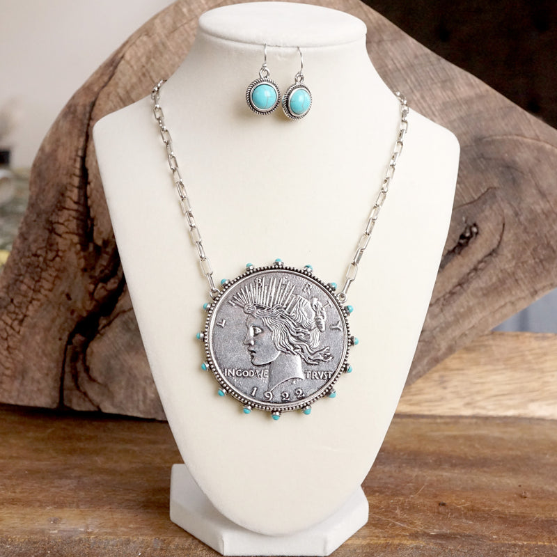 Western Boho Coin Necklace Set with Turquoise Accents – Worn Silver Tone