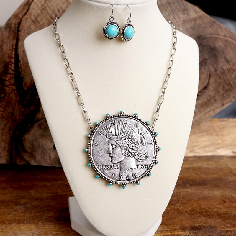 Western Boho Coin Necklace Set with Turquoise Accents – Worn Silver Tone