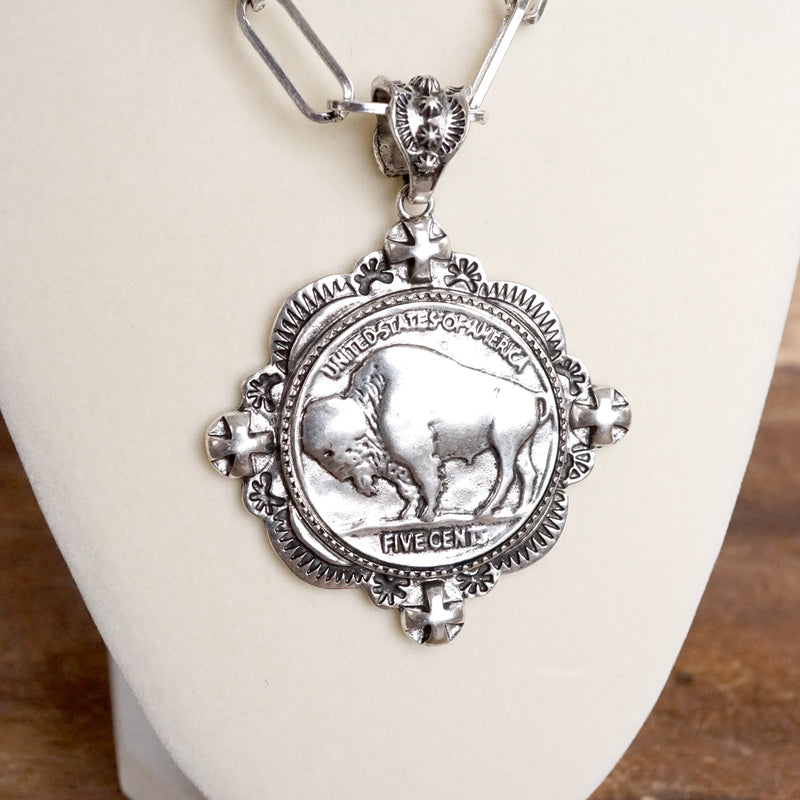 Western Buffalo Coin Statement Necklace Set – Worn Silver Tone