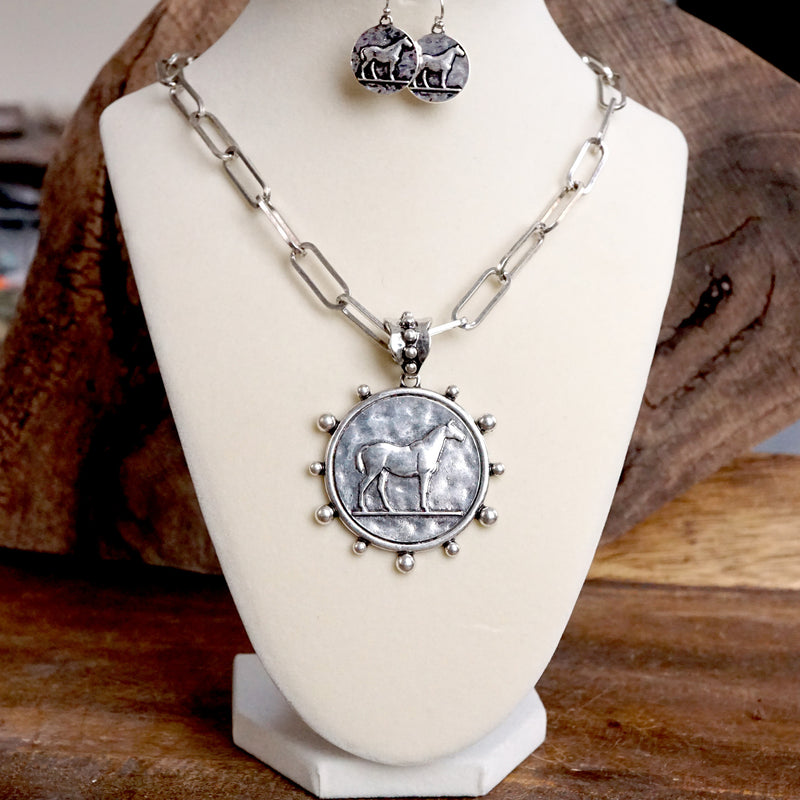 Equestrian Western Horse Coin Statement Necklace Set – Worn Silver Tone