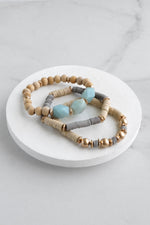 Bracelet Stack of 3 pieces Gold Neutral clay and wood beads and Green Amazonite chunky beads