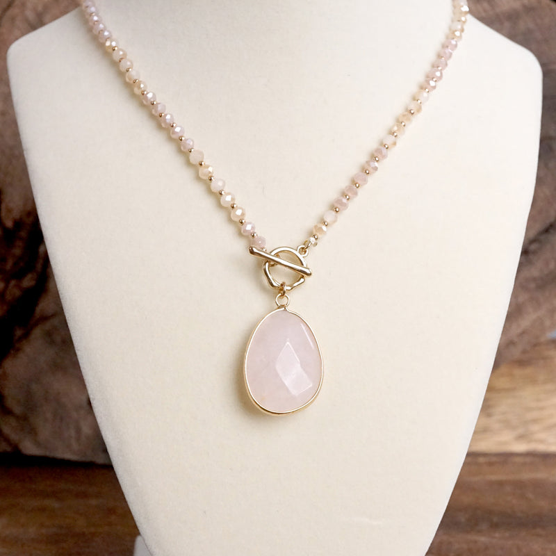 Short Beaded Necklace with Semi-Precious Teardrop Stone Pendant