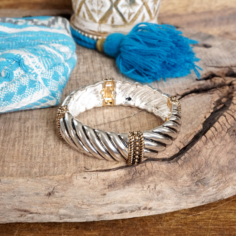 The Turning Point – Chunky Textured Stretchy Bangle in Silver or Two-Tone