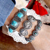 Western Stretchy Bangles – Buffalo Turquoise Flowers in Worn Silver Tone