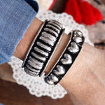 Western Stretchy Bangles – Hearts or Stripes in Worn Silver Tone