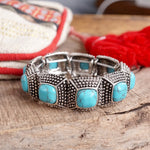 Western Stretchy Bangles – Buffalo Turquoise Flowers in Worn Silver Tone