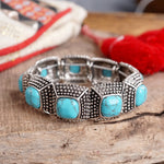 Western Stretchy Bangles – Buffalo Turquoise Flowers in Worn Silver Tone