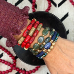 Marbled Glass Oval Beads Stack of 3 bracelets with golden discs Boho Bracelet Set