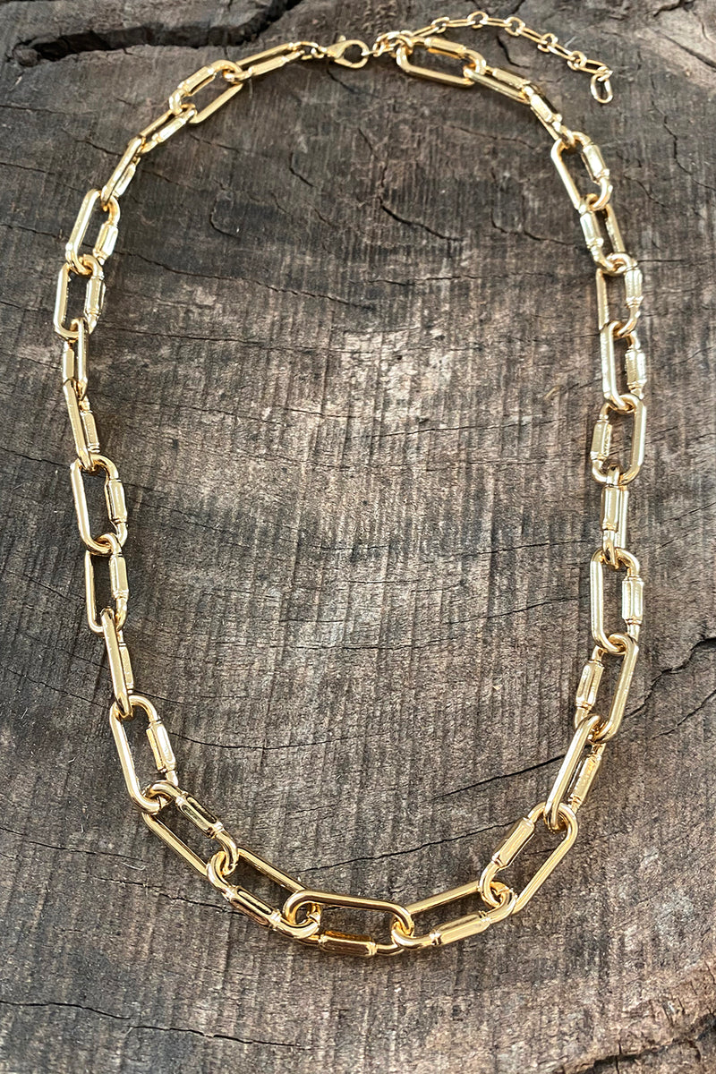 Paperclip gold tone chunky chain short necklace with Carabiner accent