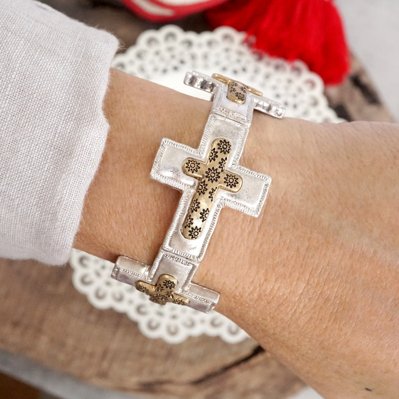 Cross bracelet in Worn Silver Gold tone boho style