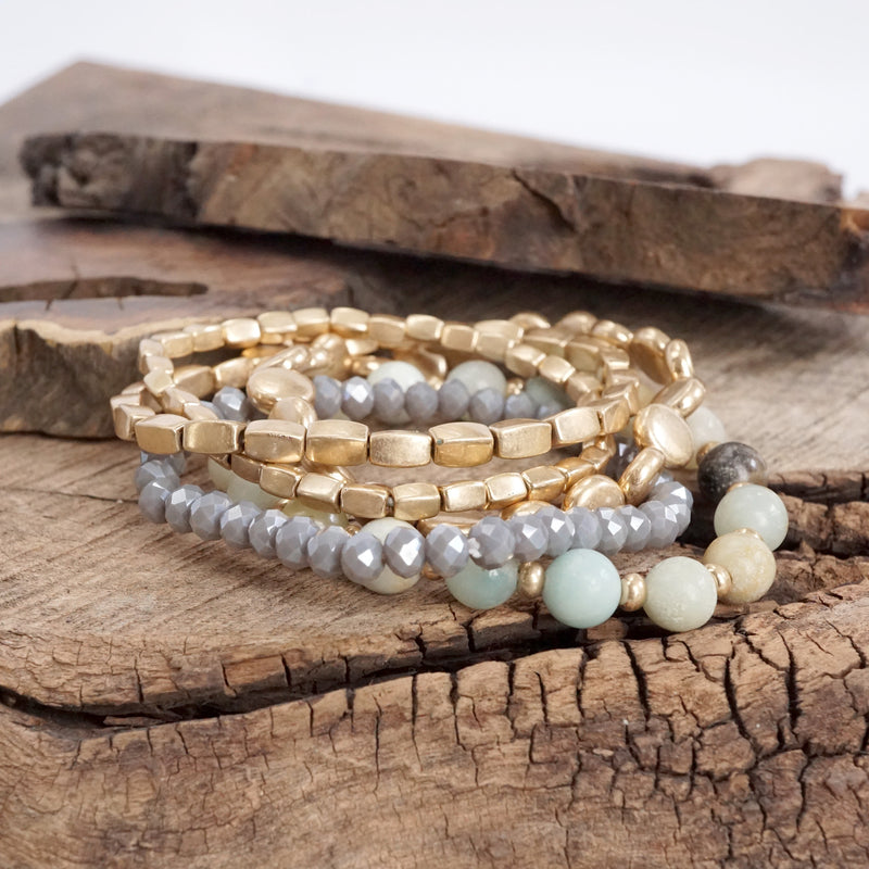 5 piece Boho Bracelet Stack Amazonite Mint and worn gold tone