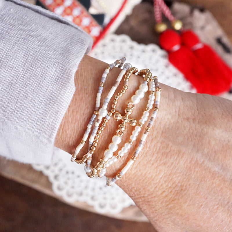 Cross, Pearls & Miyuki Beaded Bracelet Set – Effortlessly Elegant