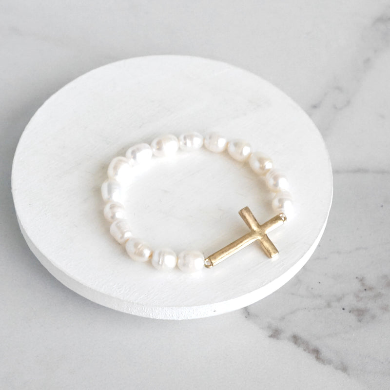 Sideways Cross bracelet Pearls worn gold tone minimal style