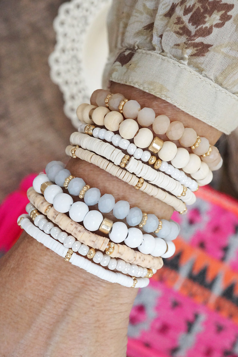Summer Fresh Neutrals stack clay glass wood beads bracelets set