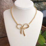 Large Rope Textured Bow Pendant Statement Necklace Gold Silver Tone