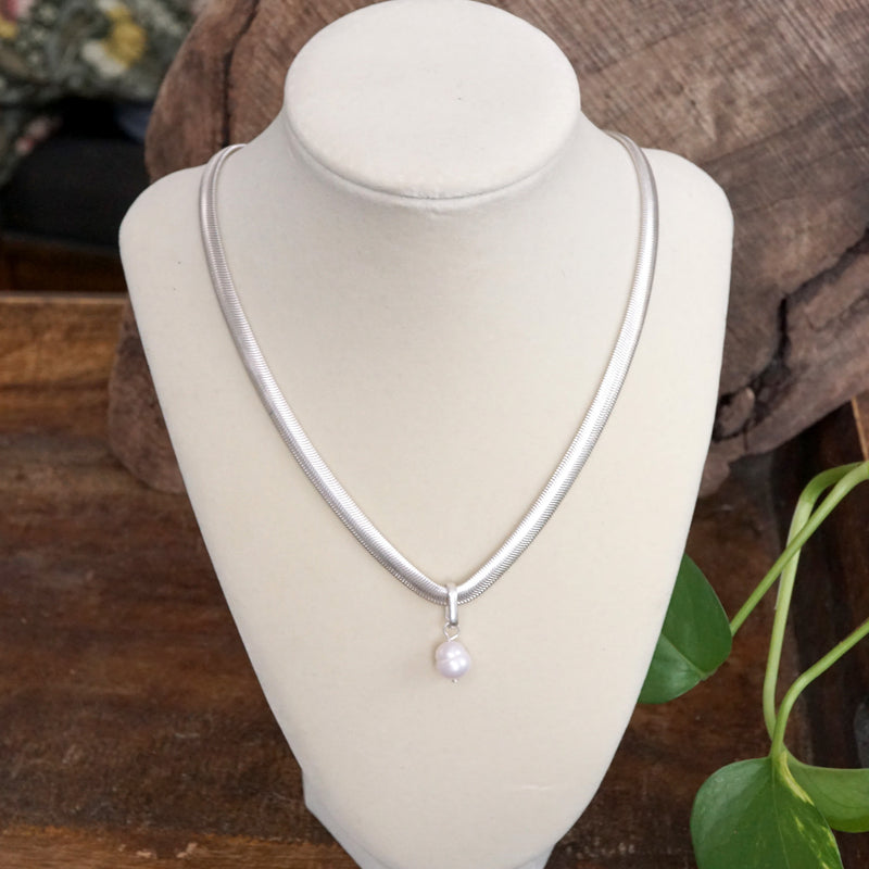 Classic Herringbone Necklace with a Freshwater Pearl Worn Gold Silver Gunmetal