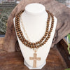 Multi Strand Wood Beads Short Statement Cross Necklace Brown