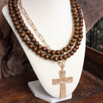 Multi Strand Wood Beads Short Statement Cross Necklace Brown