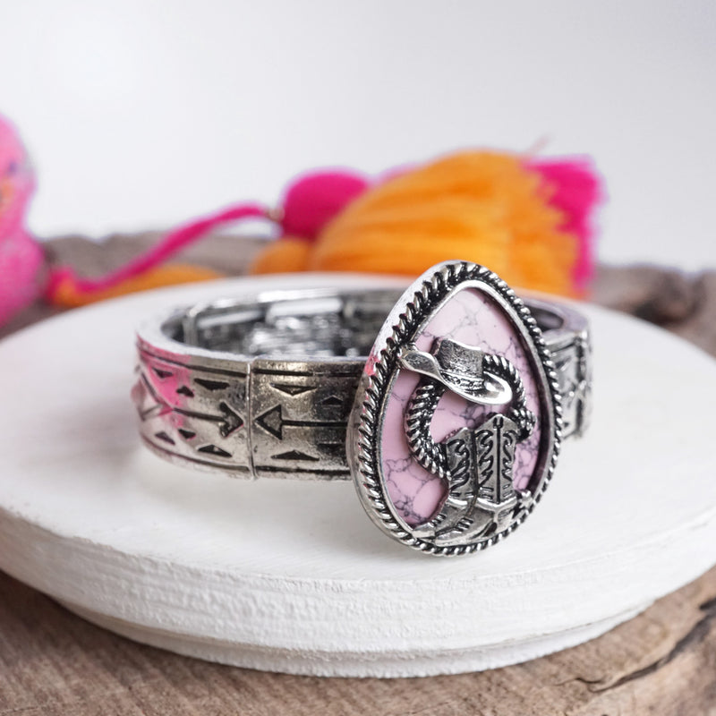 Rodeo Reverie – Western Cowboy Boots & Hat Statement Bangle in Silver with Turquoise or Pink