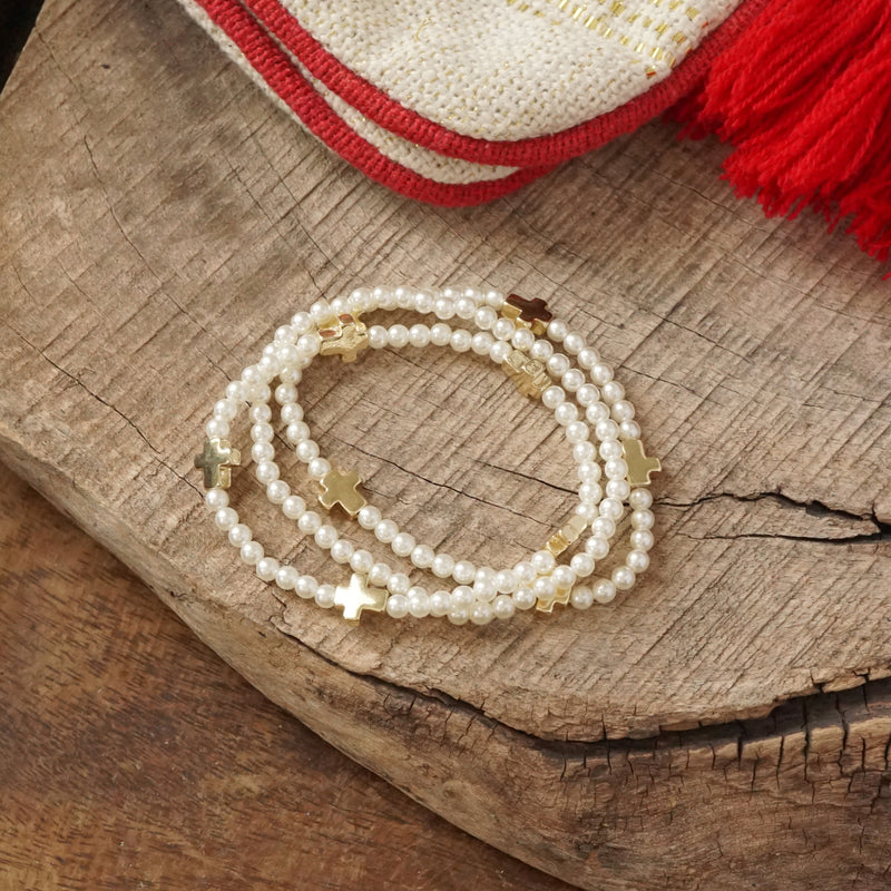 Mini Sideways Cross Bracelet stack Pearls and gold metal beads