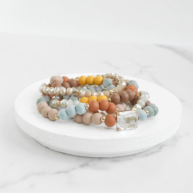 Beaded Bracelets Set Boho Wood Glass with Faceted Crystal