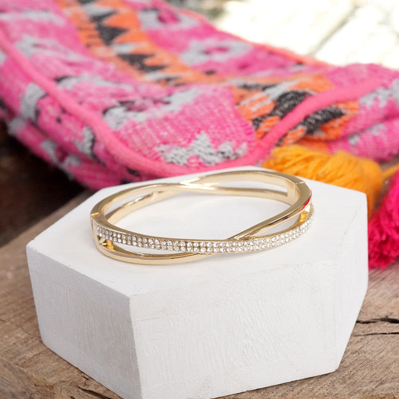 Dainty Sparkly Crossover Hinge Bangle in Gold Tone with Crystals