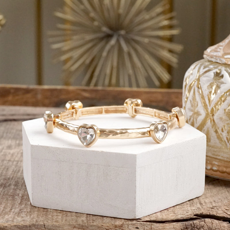 Heart Faceted Crystals Stretchy Stackable Station Bangles – Gold & Silver Tone