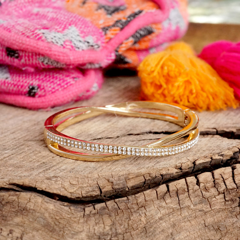 Dainty Sparkly Crossover Hinge Bangle in Gold Tone with Crystals