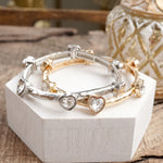 Heart Faceted Crystals Stretchy Stackable Station Bangles – Gold & Silver Tone