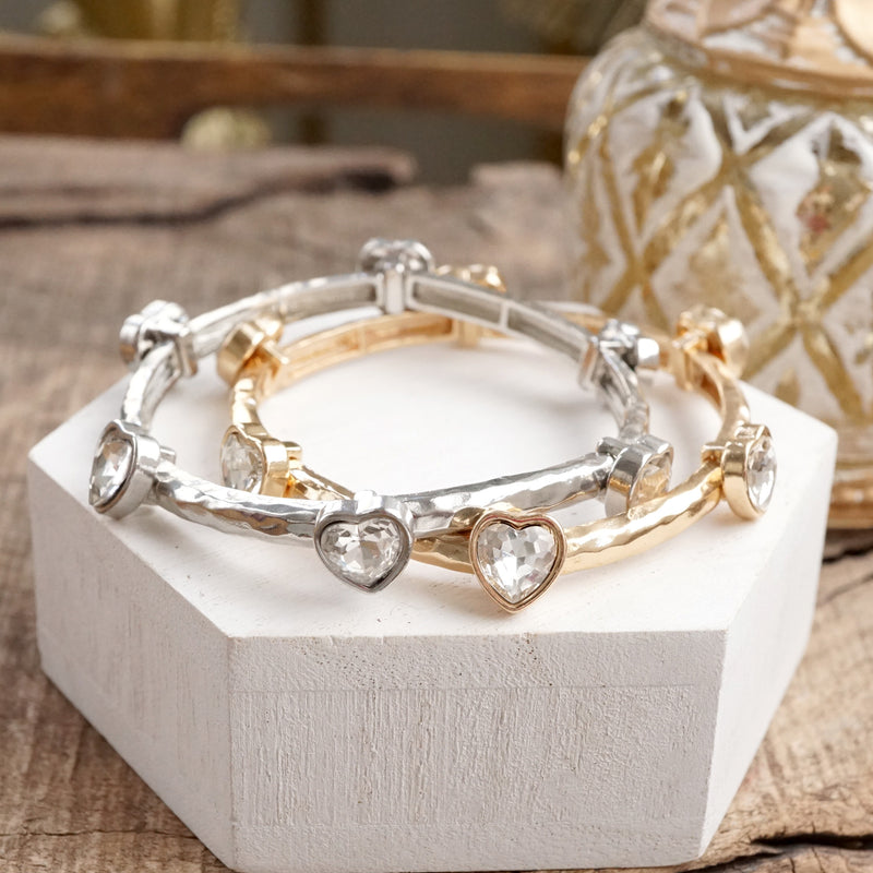 Heart Faceted Crystals Stretchy Stackable Station Bangles – Gold & Silver Tone